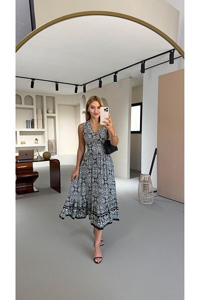 Sezgi Tekin Double Breasted Collar Belted Patterned Black Midi Dress