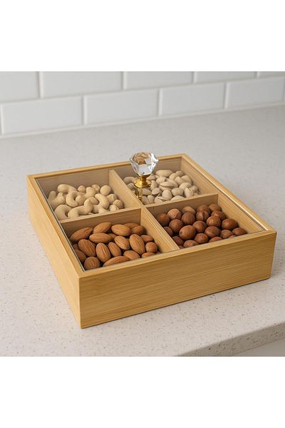ENYAZA(2024) Bamboo Square 4 Compartment Snack Bowl - Breakfast Bowl with Acrylic Lid 24 cm