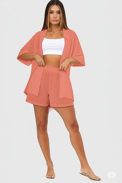 NO 601 Women's Salmon Pink Wrap Kimono Vest Shorts Top-Top Set