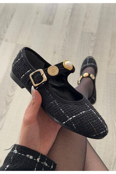 Celira Black Linen Stone Ballerina Shoes