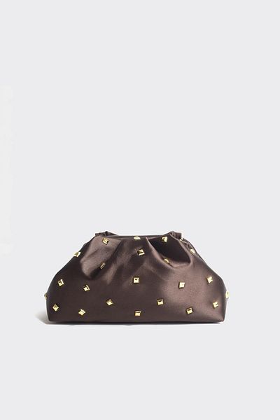 Berlesi Bitter Brown Women's Satin Gold Stone Clutch Evening Dress Bag