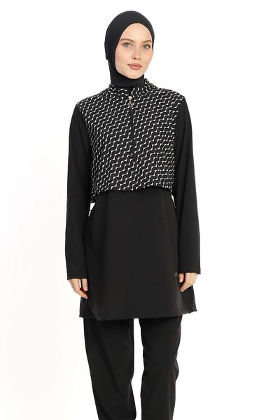 İYİBU 4 Piece Black Patterned Full Covered Hijab Swimsuit Set - Includes Top, Bottom, Bonnet, Bustier