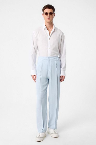 Antioch Baby Blue High Waist Pleated Linen Blend Men's Trousers