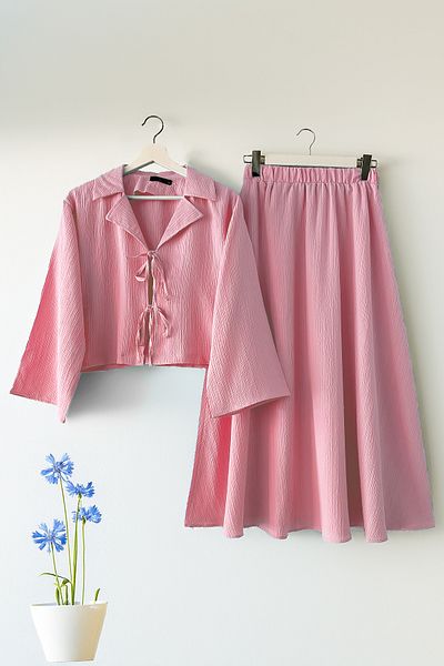 MODAQU Double Breasted Collar Kimono Skirt Suit - Pink
