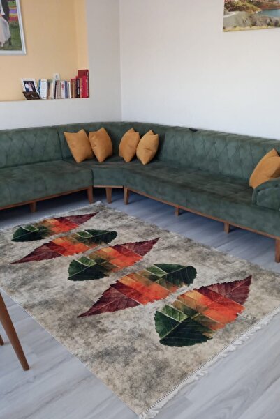 CENTER AVM Yaprak Desenli Halı Makinede Yıkanabilir Kaymaz Taban Halı Salon H...