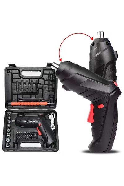 stuffix Electric Screwdriver Set, 3.6V, 46 Bits, Pivoting Handle, LED, 1200rpm, Black, with Carrying Case