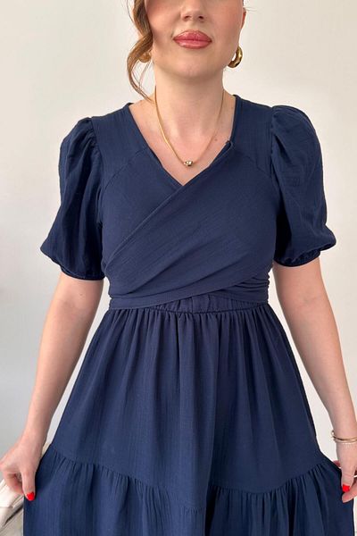 MaziButik Cross Tie Muslin Dress Navy Blue