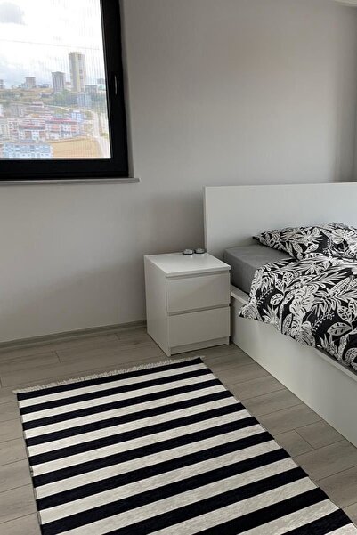 CENTER AVM Beyaz Siyah Halı Yatak Odası Halısı Makinede Yıkanabilir Kaymaz Ta...