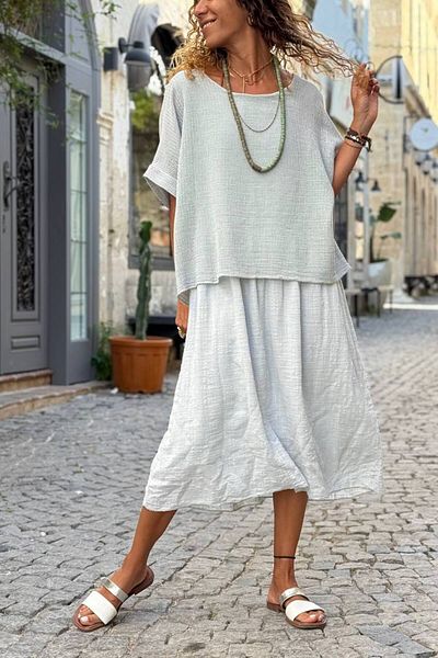 Güneşkızı Italian Gray Boat Neck Short Sleeve Double Layer Mesh Detailed Linen Loose Woven Dress 115 60