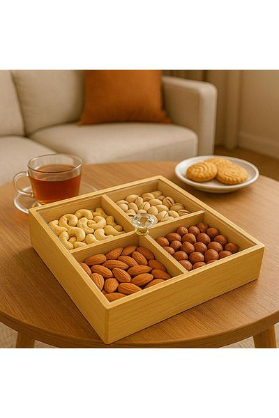ENYAZA(2024) Bamboo Square 4 Compartment Snack Bowl - Breakfast Bowl with Acrylic Lid 24 cm