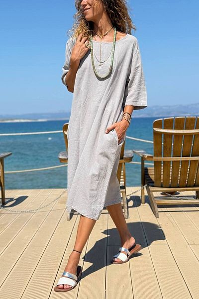 Güneşkızı Italian Gray Boat Neck Short Sleeve Pocket Linen Long Loose Woven Dress 118 63