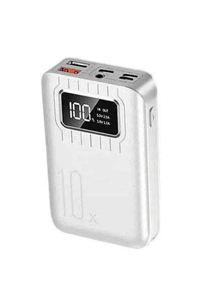OEM External battery, 10,000 mAh, Fast charger, MiniX10, digital display, LED flashlight, silver