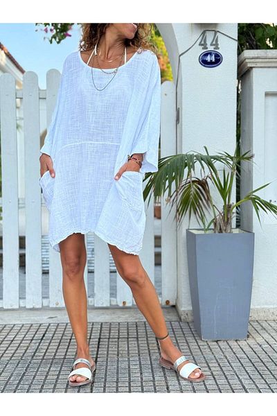 Güneşkızı Italian White Boat Neck Short Sleeve Pocket Linen Loose Woven Dress 80 83
