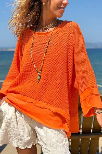 Güneşkızı Italian Orange Boat Neck 3/4 Sleeve Lined Dirty Stitching Mesh Loose Woven Blouse 65 75