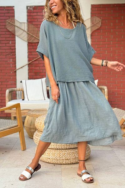 Güneşkızı Italian Anthracite Boat Neck Short Sleeve Double Layer Mesh Detailed Linen Loose Woven Dress 115 60