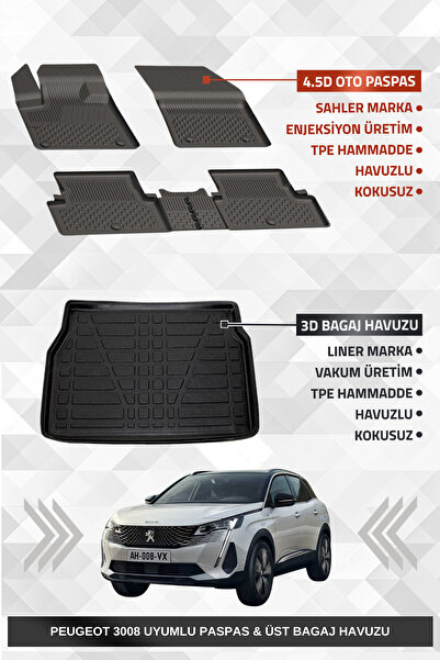 Sahler Peugeot 3008 2016-2024 Uyumlu 4.5D Premium Havuzlu Oto Paspas ve Liner...