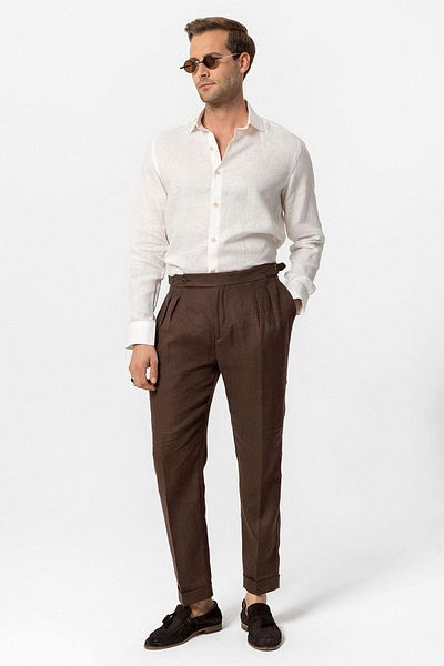 Antioch Brown High Waist 100% Linen Pleated Men's Trousers