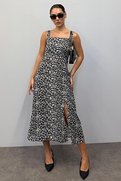 Seeh Γυναικείο φόρεμα με μαύρο λουλουδάτο σχέδιο Sh254
