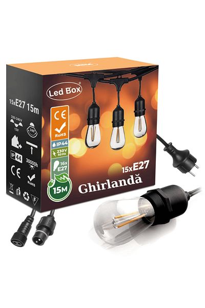 BABGENCEL Ghirlandă pandantiv, 15m cu 15 becuri LED E27, interconectabile, lumină caldă