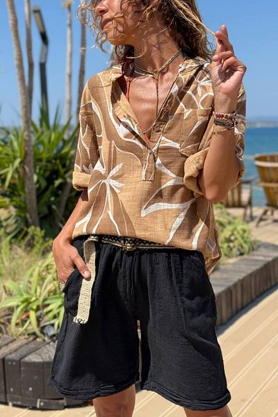 Güneşkızı Italian Bronze Button Collar 3/4 Sleeve Leaf Pattern Cotton Loose Woven Blouse 70 68