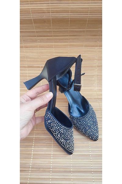 Berush Bride PANTOF DE SEARĂ DE SATEAN NEGRU SATINAT CU TACĂ DE PIELE
