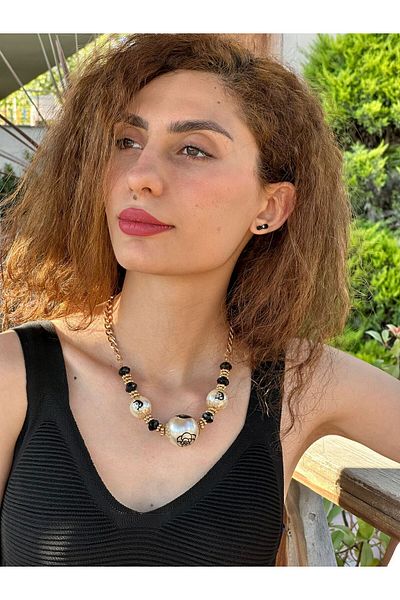 Gönülden Tasarım Engraved Pearl Beaded Design Women's Necklace 22 cm