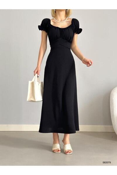 Modafeminen Φόρεμα με λαιμόκοψη με ζώνη και λάστιχο μανίκι Madonna μαύρο 582079