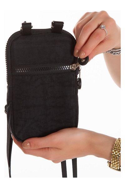 Newish Women's Crinkle Fabric Phone Holder Casual Wallet and Shoulder Bag - Black