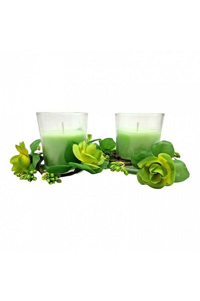 OEM Set 2 lumânări parfumate în cupă de sticlă decorată cu flori, cutie cadou, verde