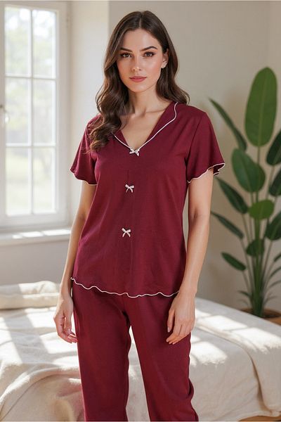 BELLA NOTTE Cotton Burgundy V-Neck Summer Pajama Set