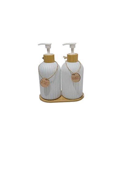 CENGİZ ÇEYİZ MİEN STRİPY Bambu Tabaklı 500 ml 2'li Cam Sıvı Sabunluk 20290025-W