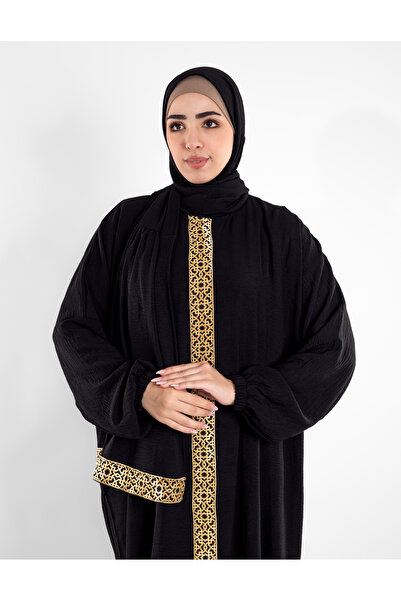 SIDRAALMONTAHA عباية موديل الندي اسود مع نقشة اسلامية بتطريز ذهبي مع طرحة هدي...