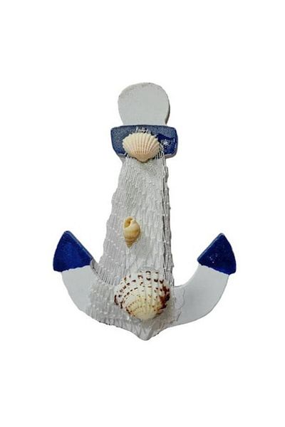 OEM Ancoră magnetică decorativă din lemn cu plasă albă și scoici, 12x8 cm