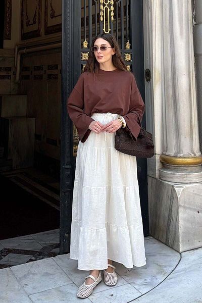 Ceylan Otantik Σετ φούστα Σφοδρά Καφέ Body & Λευκό Μύδιο Μουσλίν Καταστρωμάτων