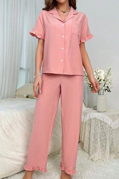 BELLA NOTTE V Neck Ruffle Button down Summer Pajama Set