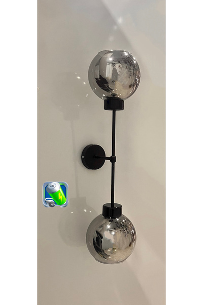 gaziantepavize Şarj Et Kullan Poyraz Şarjlı Pilli Aplik Siyah Kasa Füme Camlı Metal Modern Cafe Aydınlatma -2 Adet