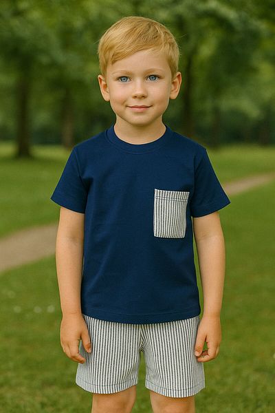 Yalçınoğlu Kids Boy's Suit I Children's Summer Suit I T-Shirt and Striped Shorts Combination Pocket Detail I Children's Clothing