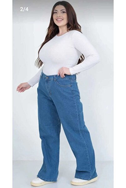 Lixera Pantaloni largi din denim Lusia, mărime mare, cu talie foarte înaltă, din lycra, albastru