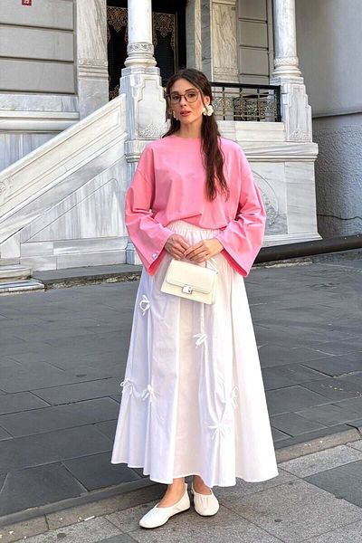 Ceylan Otantik Pink Body & White Bow Skirt Set