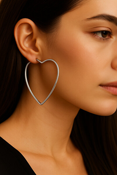 Lorvia Gümüş Renk Kadın Kalp Model Büyük Halka Küpe - Modern ve Zarif Tasarım