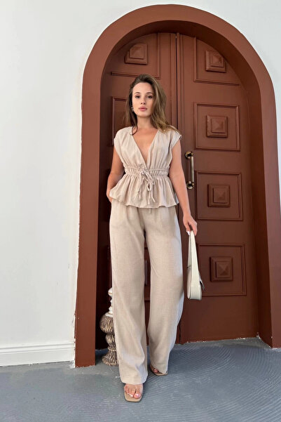 Aventien Beige Linen Blouse Trousers Set with Waist Detail