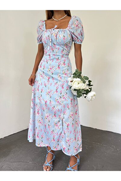 hiraz fashion GÜL DESENLİ ASTARLI MAVİ ELBİSE