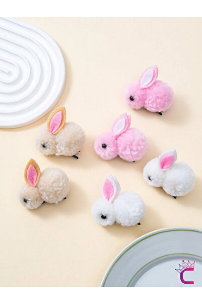 Cinderella 6'lı Beyaz Pembe Bej Tavşanlı Yumuşak Astarlı Pens Toka Seti - Kız...