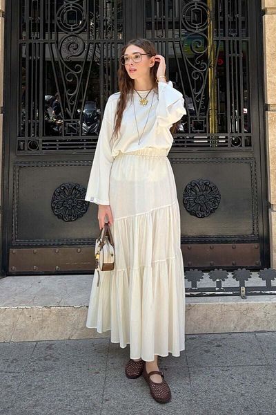 Ceylan Otantik Ecru Body & Ecru Cross Fold Skirt Set