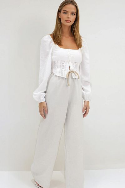 VAGGON Linen Palazzo Trousers with Elastic Waist and Laces