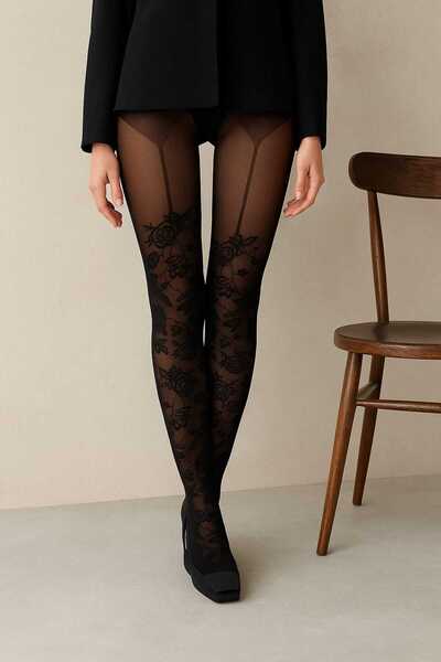 DÜVEN Чорапогащи с розов шарен жартиерен вид - Rose Hold Up