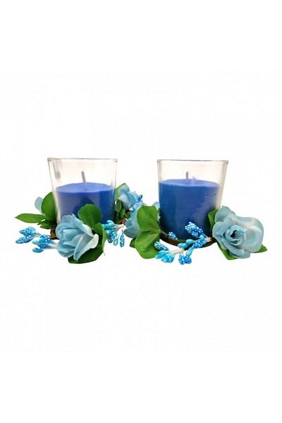 OEM Set 2 lumânări parfumate în sticlă decorată cu flori, cutie cadou, albastră