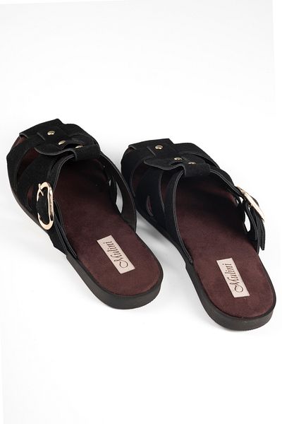 Mulini Women's Black Suede Leather Vintage Style Cage Sandals Slippers with Buckle and Troc