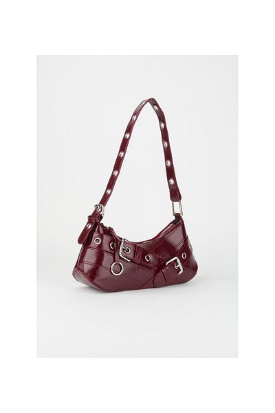 AlphaClub Bag Women's Patent Leather Claret Red Belt Design Detail Lined Zipper Closure Baguette Hand and Arm Bag