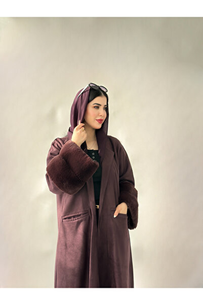 elegant hijab عباية عنابي بالفرو الناعم